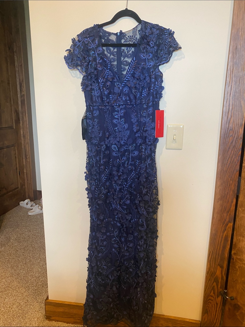 Carmen Marc Valvo Navy Floral 3D Appliqué Maxi Dress